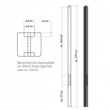 Lichtgewicht betonpaal met diamantkop ongecoat 8,5x8,5x280 cm, tussenpaal, antraciet *