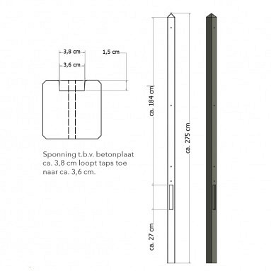 Lichtgewicht betonpaal met diamantkop ongecoat 8,5x8,5x280 cm, eindpaal, antraciet *