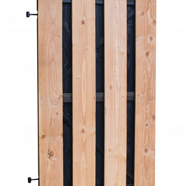 Douglas fijnbezaagde plankendeur met zwarte binnenzijde, op zwart verstelbaar frame, 100 x 180 cm, zwart/onbehandeld. *